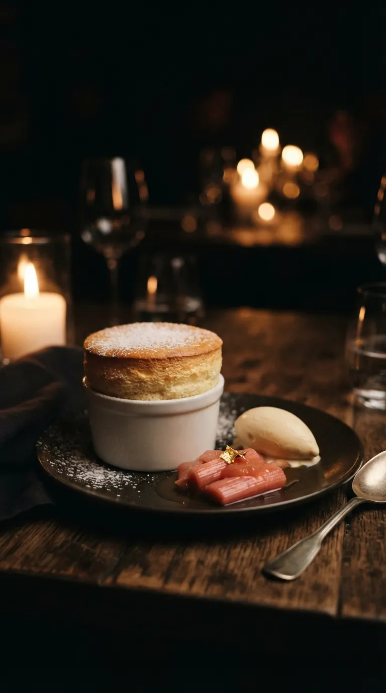 Yorkshire rhubarb soufflé with stem ginger ice cream