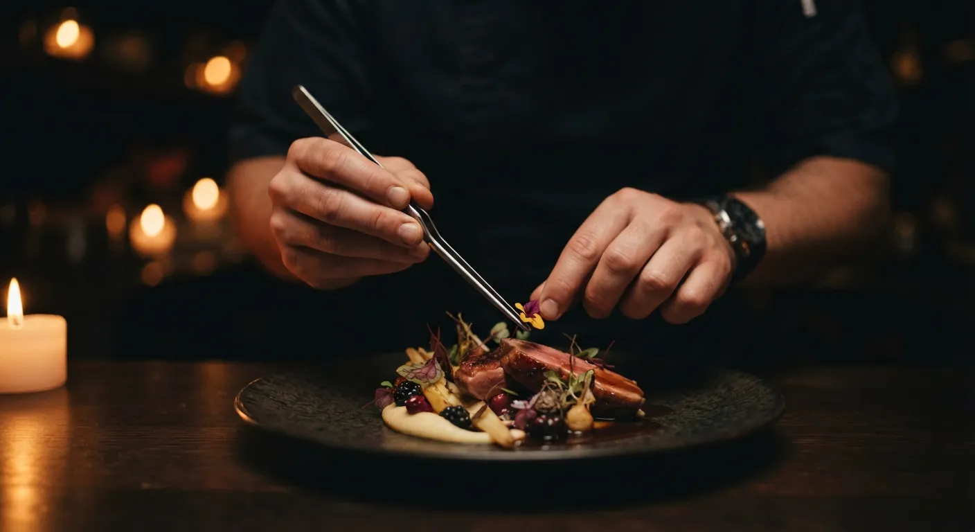 A chef plating a dish at the pass